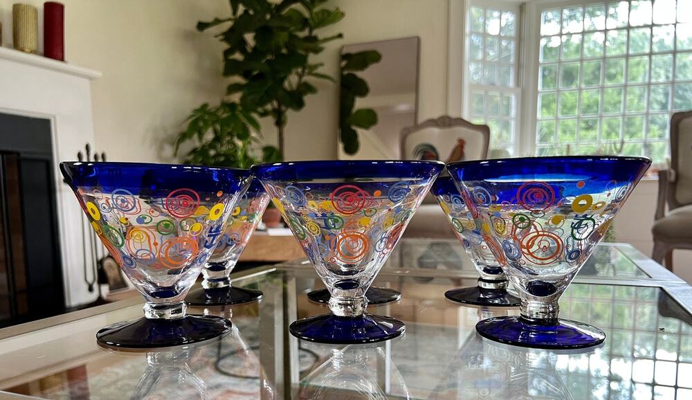 Set of 6 Martini Glasses Blue Rimmed Colorful Cocktail Barware Retro Circle